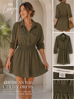 American Eagle Outfitters Olive Utility Smocked-Waist Midi Dress
